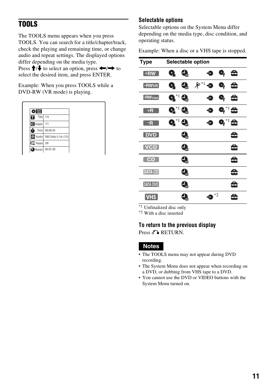 Tools, Selectable options, Press o return | Sony RDR-VX515 User Manual | Page 11 / 124