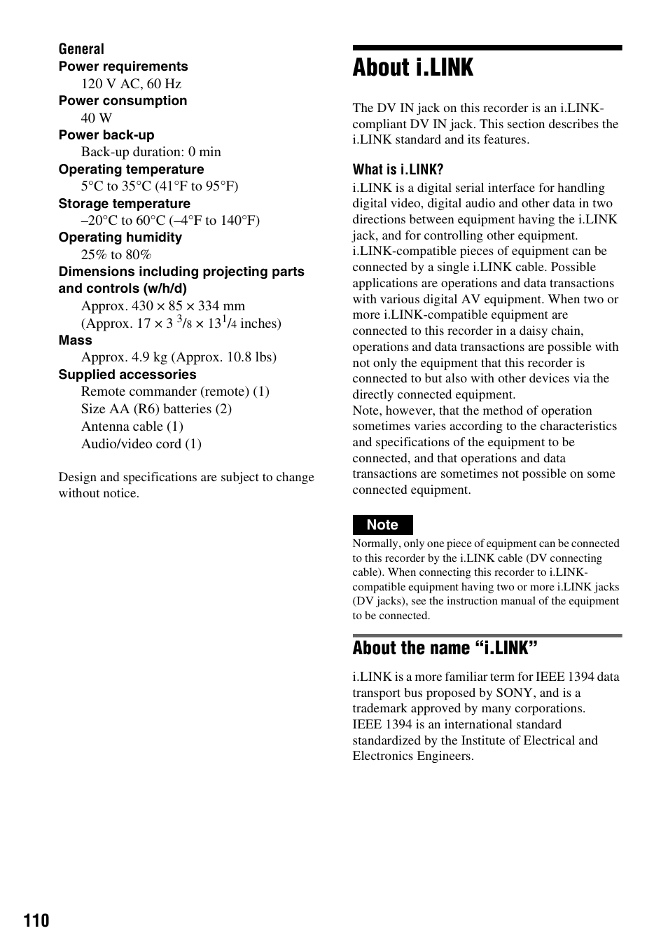 About i.link, About the name “i.link | Sony RDR-VX515 User Manual | Page 110 / 124