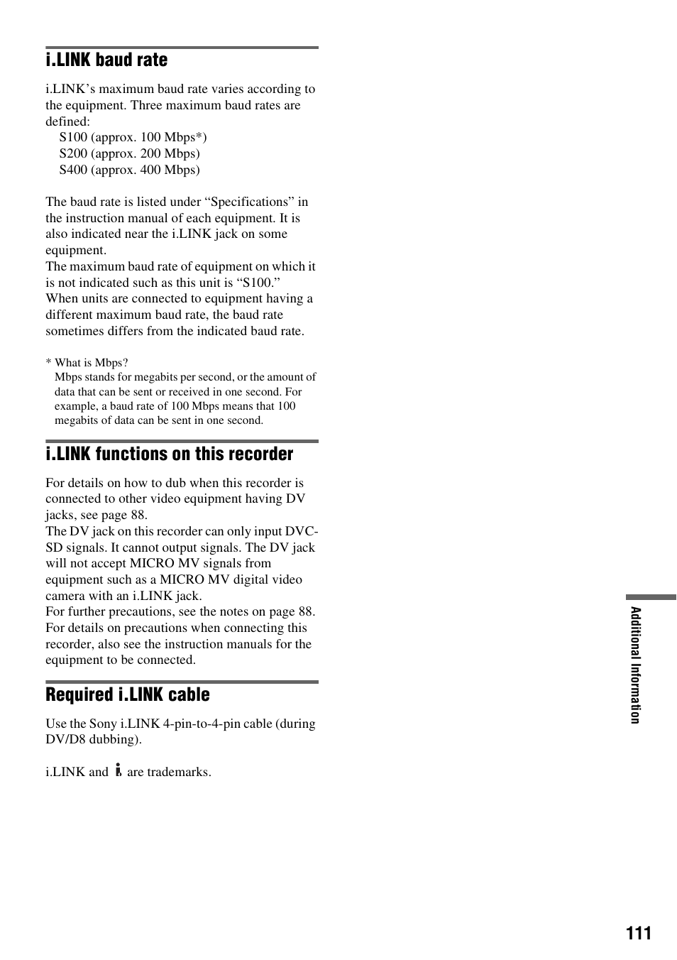 I.link baud rate, I.link functions on this recorder, Required i.link cable | Sony RDR-VX515 User Manual | Page 111 / 124