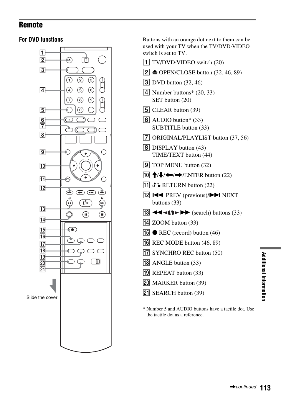 Remote | Sony RDR-VX515 User Manual | Page 113 / 124