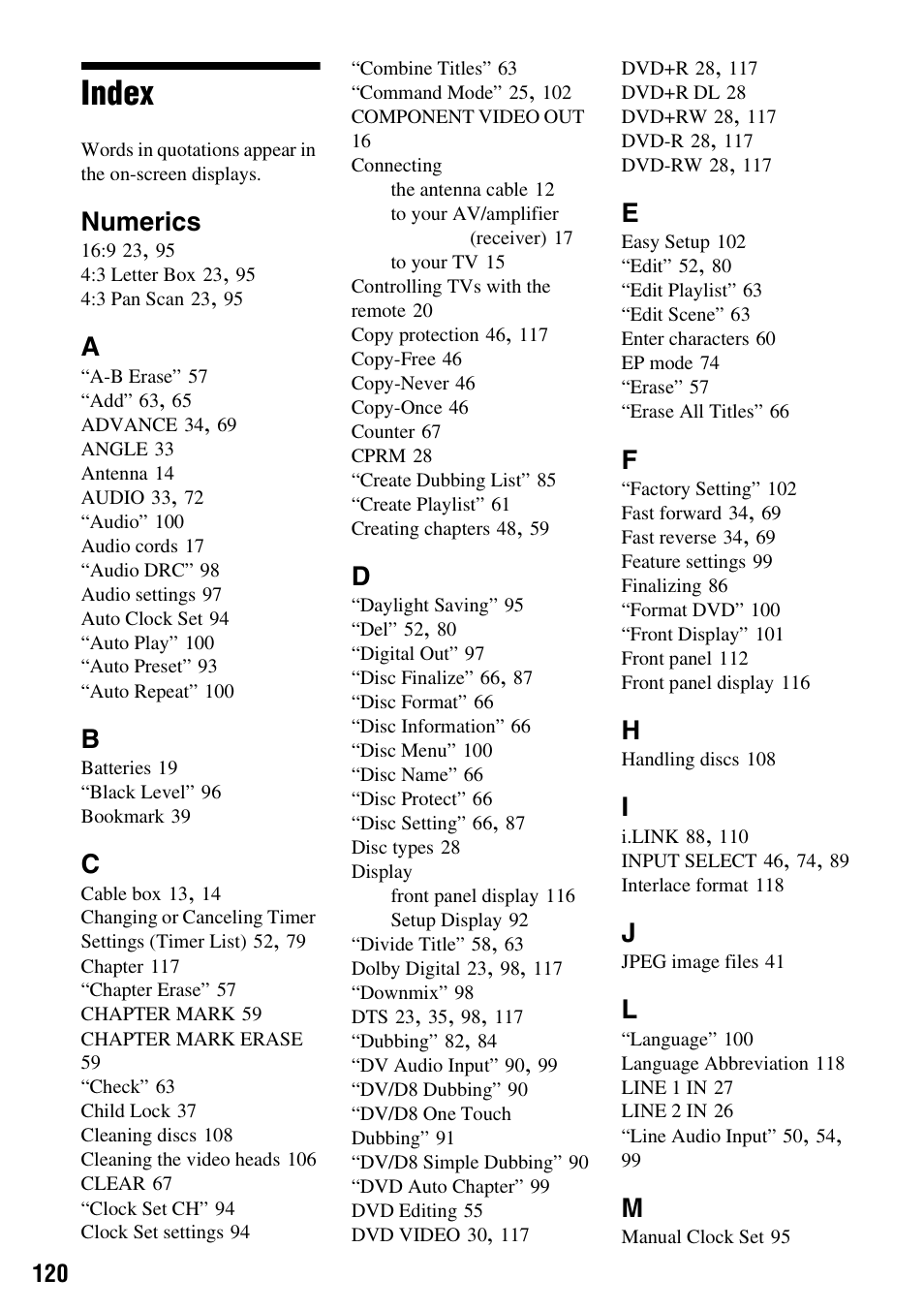 Index, Numerics | Sony RDR-VX515 User Manual | Page 120 / 124