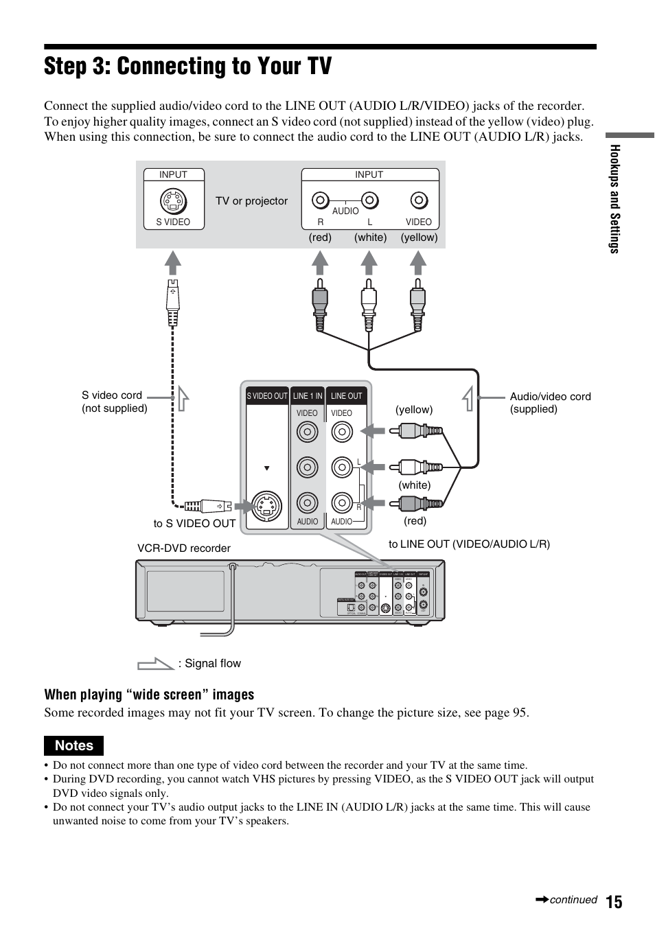 Step 3: connecting to your tv, When playing “wide screen” images, Hook ups and se tti n gs | Signal flow | Sony RDR-VX515 User Manual | Page 15 / 124