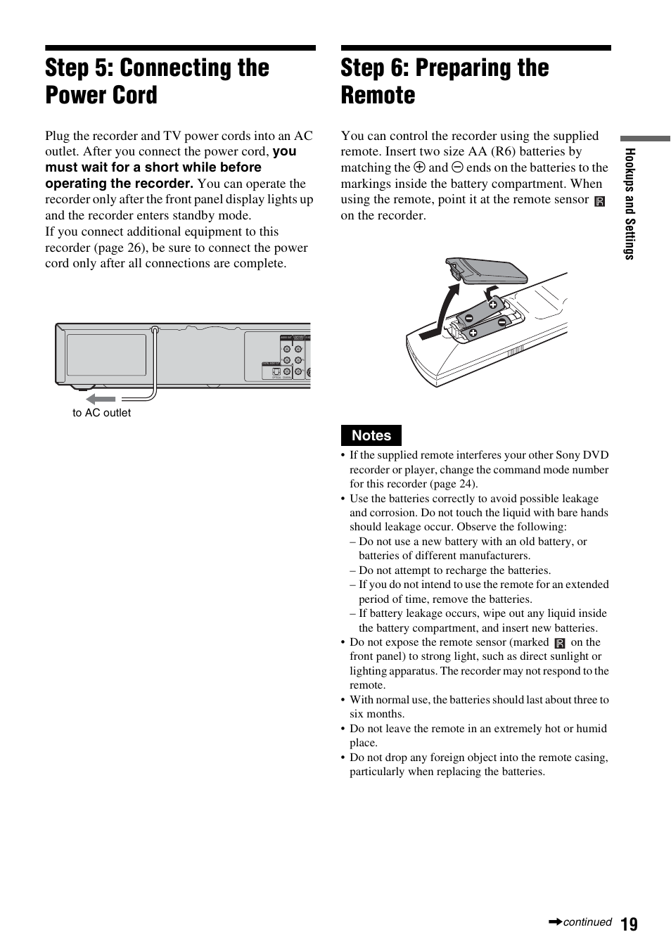 Step 5: connecting the power cord, Step 6: preparing the remote | Sony RDR-VX515 User Manual | Page 19 / 124