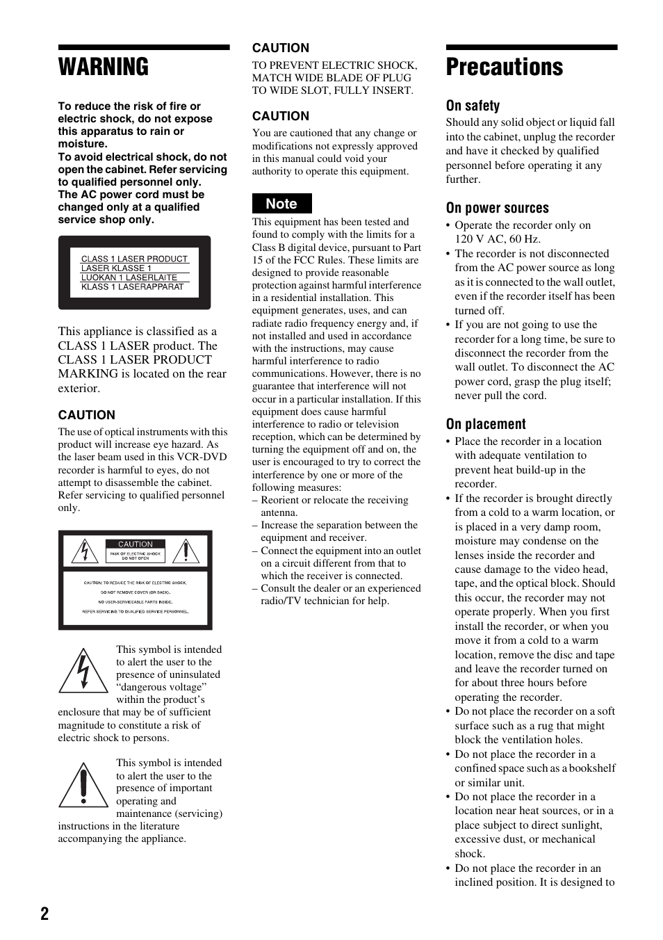 Warning, Precautions | Sony RDR-VX515 User Manual | Page 2 / 124