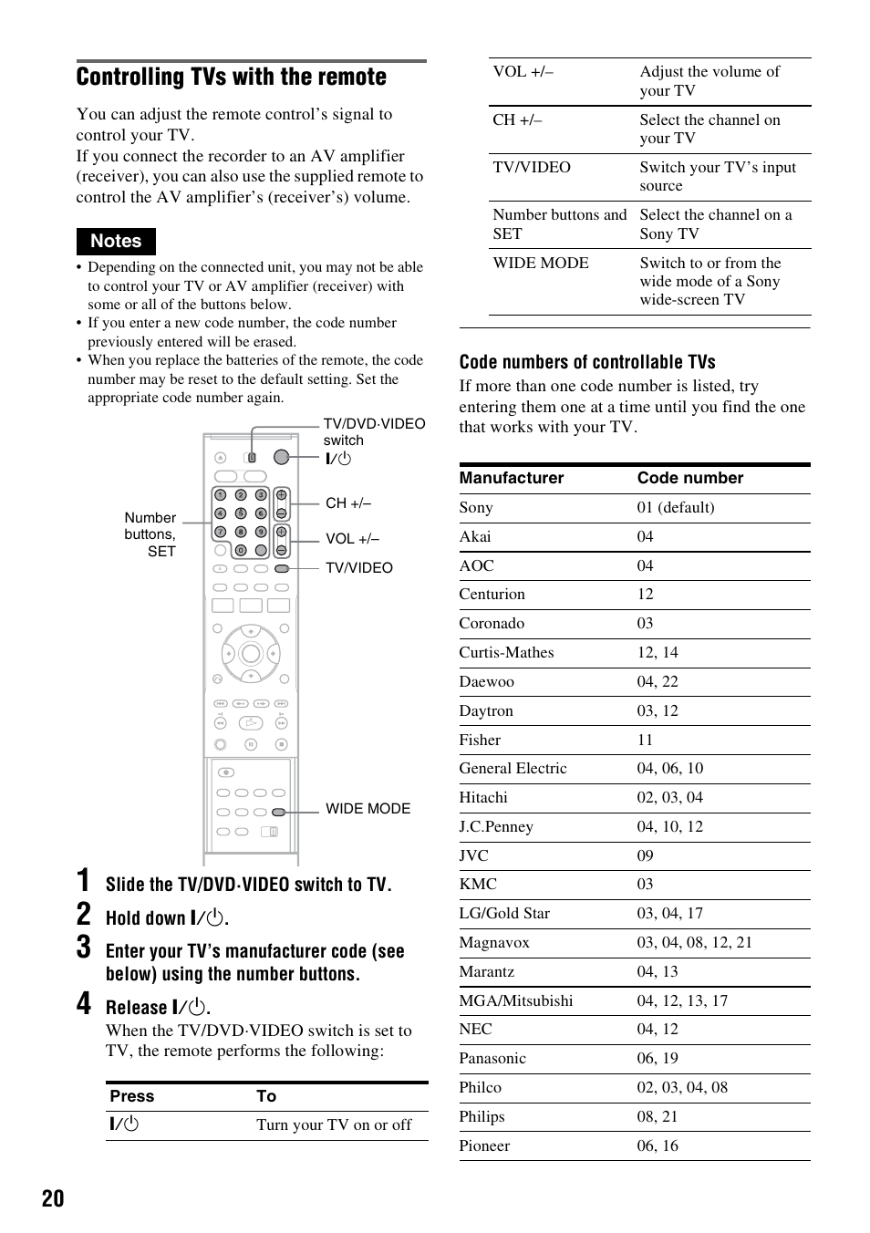 Controlling tvs with the remote | Sony RDR-VX515 User Manual | Page 20 / 124