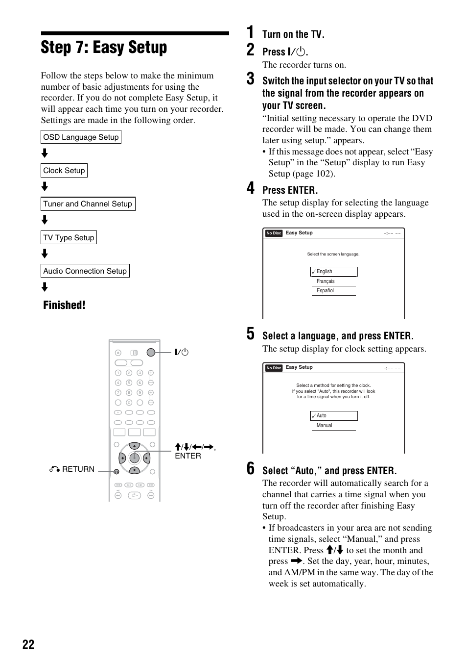 Step 7: easy setup, Finished | Sony RDR-VX515 User Manual | Page 22 / 124