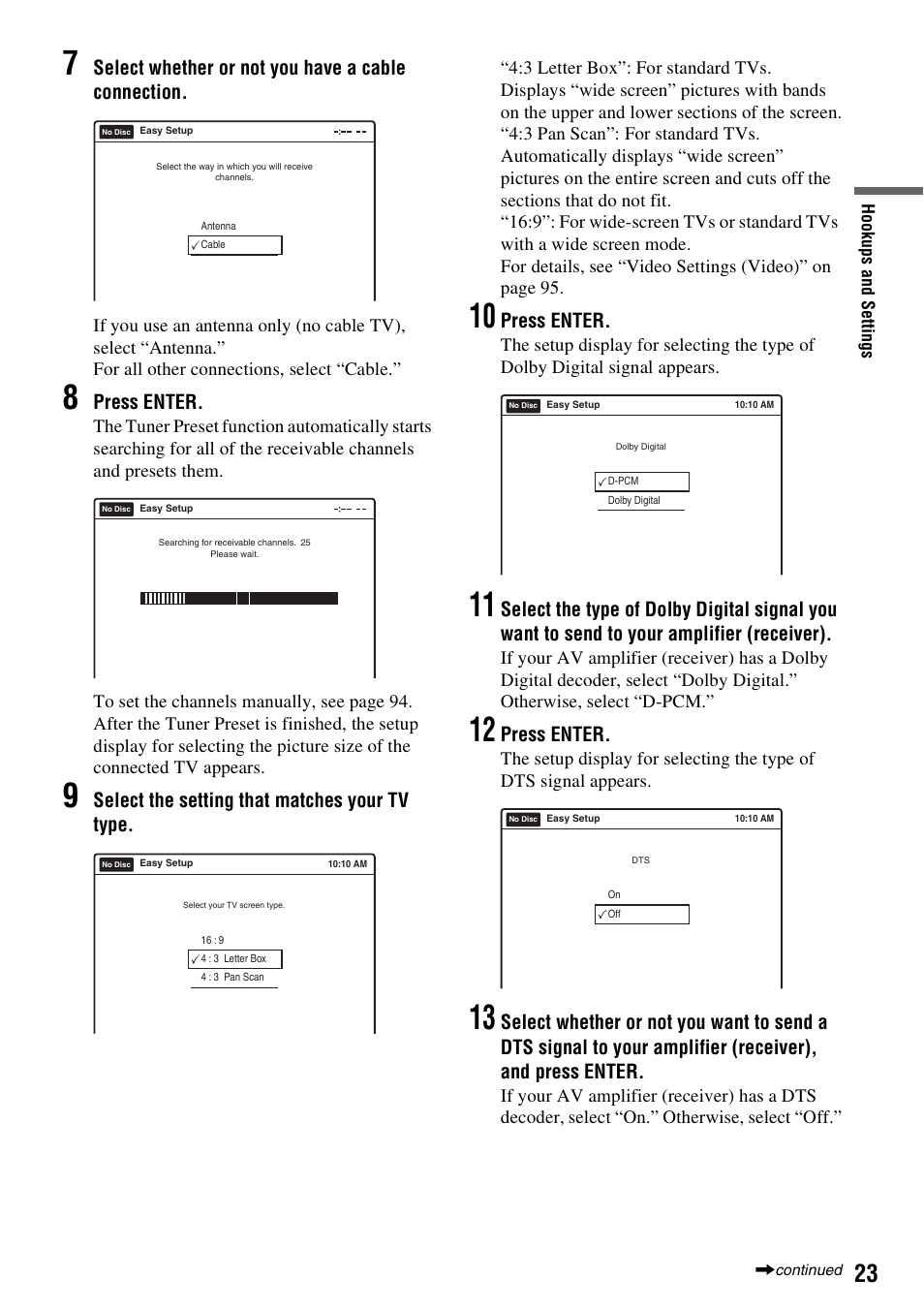 Select whether or not you have a cable connection, Press enter, Select the setting that matches your tv type | Sony RDR-VX515 User Manual | Page 23 / 124