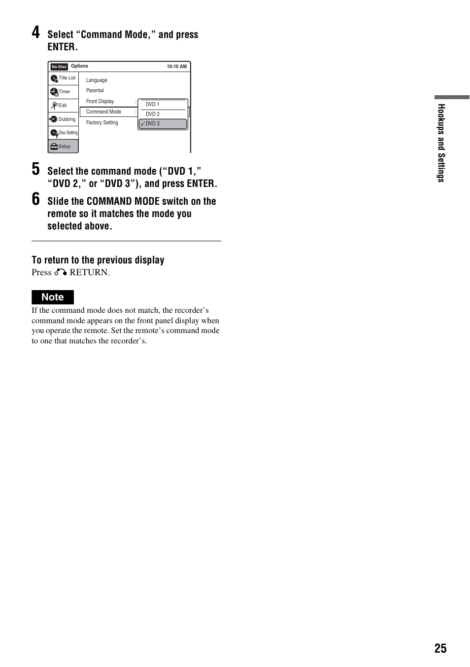 Select “command mode,” and press enter | Sony RDR-VX515 User Manual | Page 25 / 124