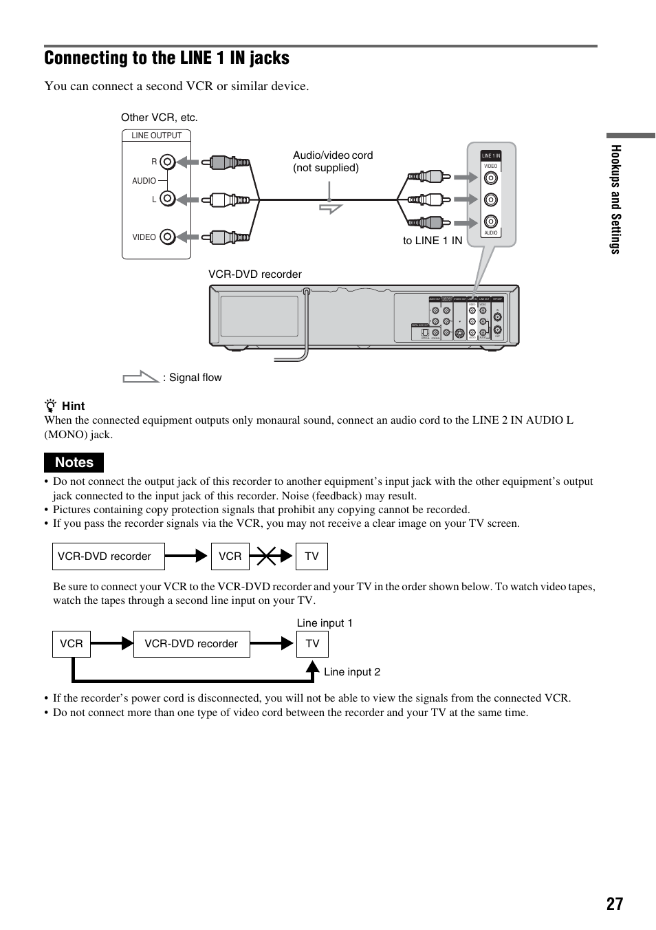 Connecting to the line 1 in jacks, You can connect a second vcr or similar device, Hook ups and se tti n gs | Sony RDR-VX515 User Manual | Page 27 / 124