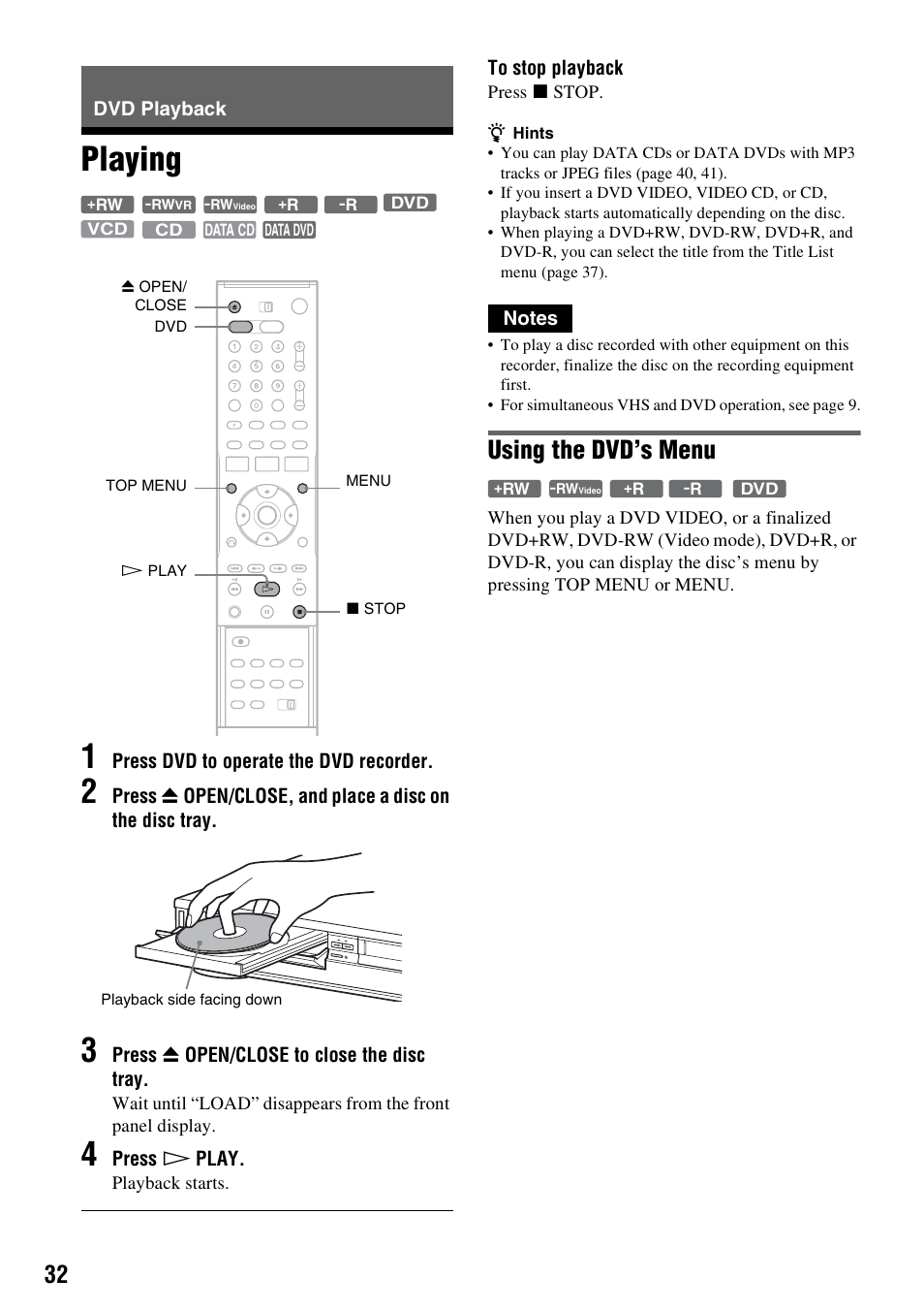 Dvd playback, Playing, Playing 1 | Using the dvd’s menu | Sony RDR-VX515 User Manual | Page 32 / 124