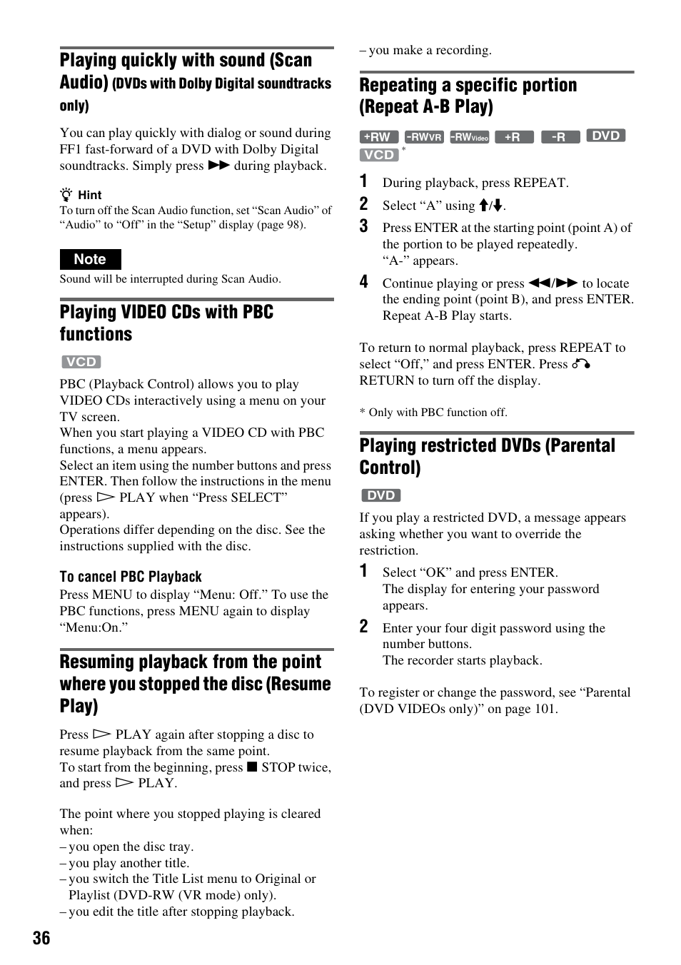 Playing quickly with sound (scan audio), Playing video cds with pbc functions, Repeating a specific portion (repeat a-b play) | Playing restricted dvds (parental control) | Sony RDR-VX515 User Manual | Page 36 / 124