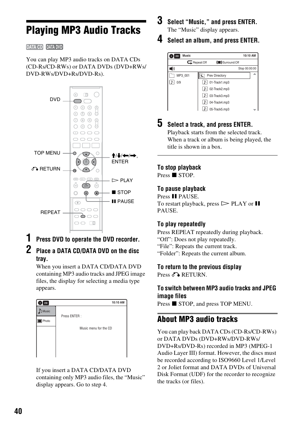 Playing mp3 audio tracks, About mp3 audio tracks | Sony RDR-VX515 User Manual | Page 40 / 124