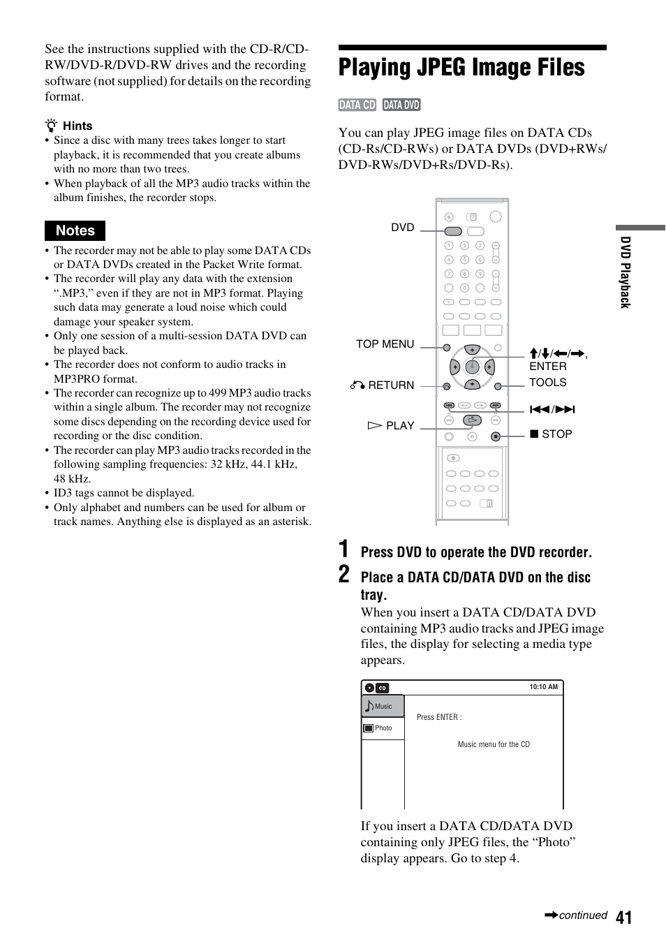 Playing jpeg image files | Sony RDR-VX515 User Manual | Page 41 / 124