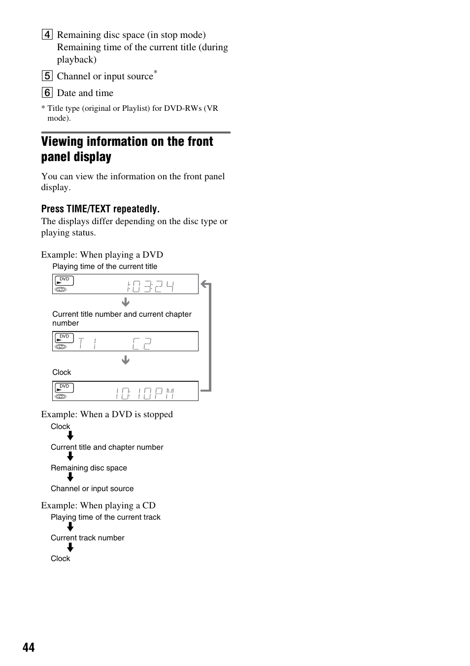 Viewing information on the front panel display | Sony RDR-VX515 User Manual | Page 44 / 124