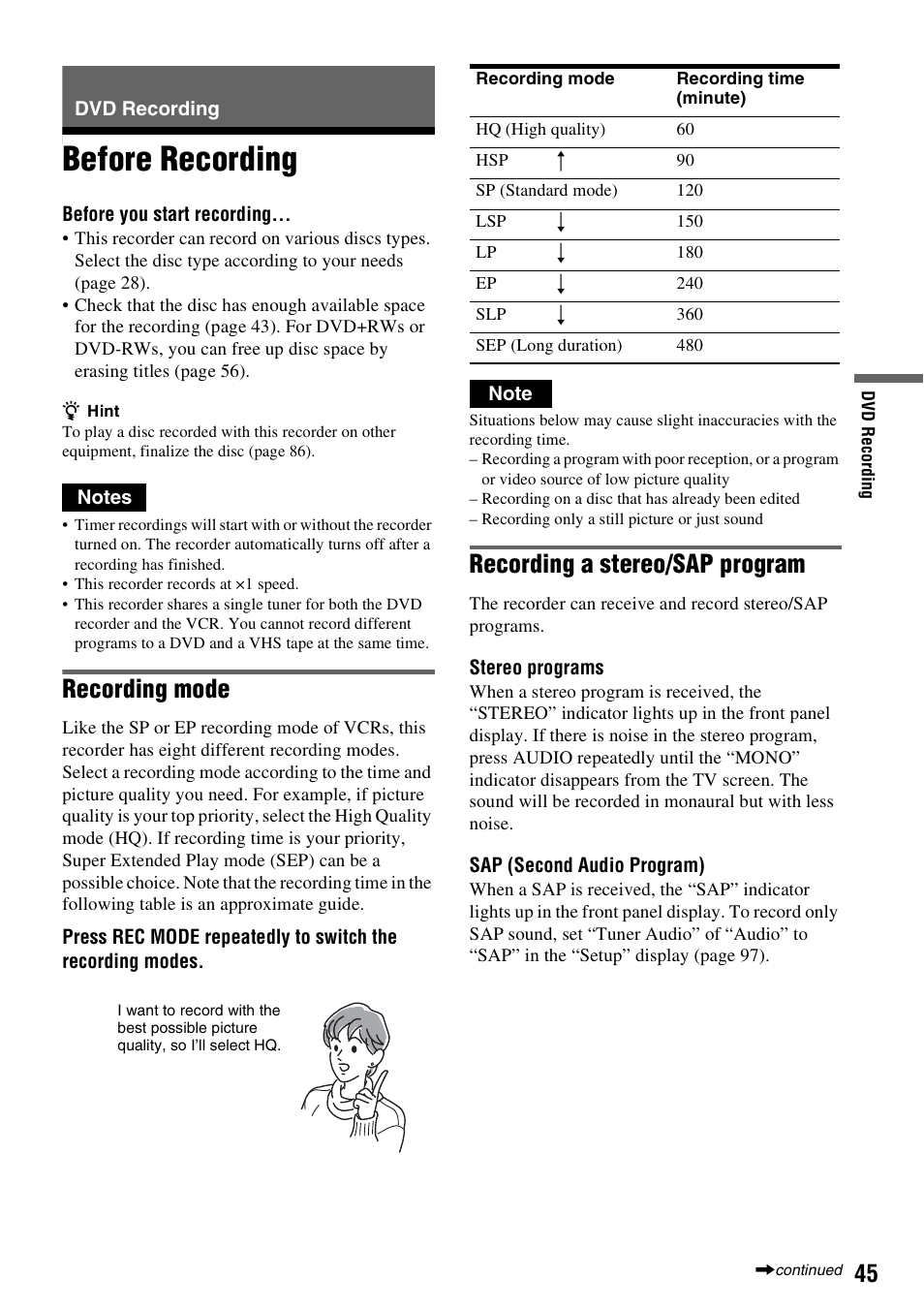 Dvd recording, Before recording, Recording mode | Recording a stereo/sap program | Sony RDR-VX515 User Manual | Page 45 / 124