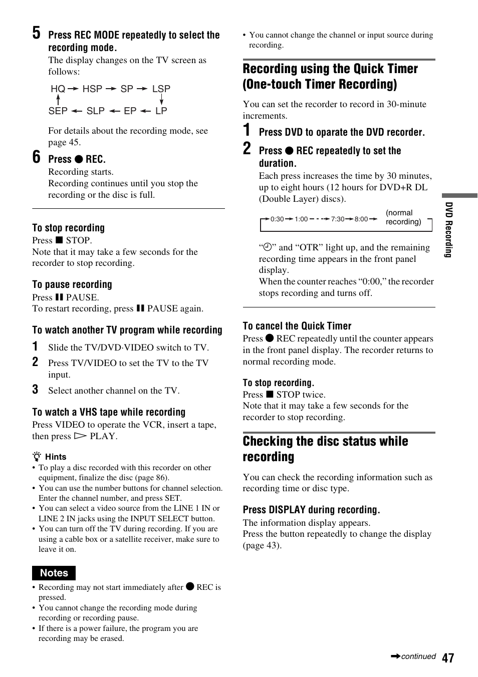 Checking the disc status while recording | Sony RDR-VX515 User Manual | Page 47 / 124