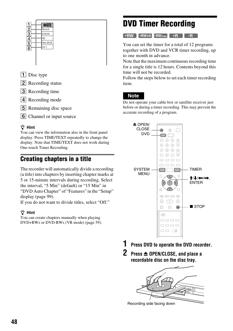 Dvd timer recording, Creating chapters in a title | Sony RDR-VX515 User Manual | Page 48 / 124