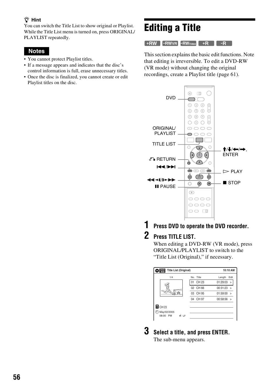 Editing a title, Press dvd to operate the dvd recorder, Press title list | Select a title, and press enter, The sub-menu appears | Sony RDR-VX515 User Manual | Page 56 / 124