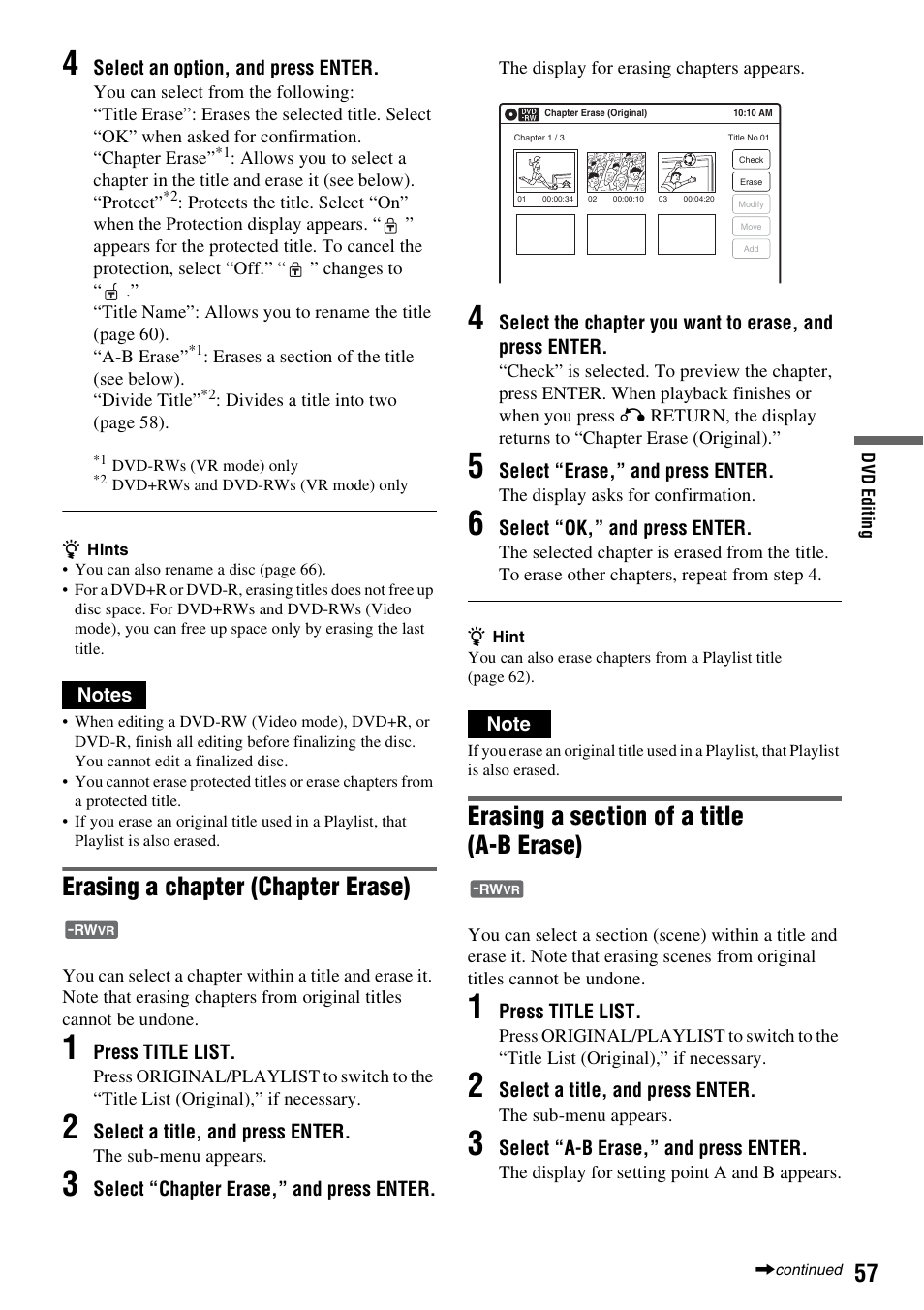 Erasing a chapter (chapter erase) | Sony RDR-VX515 User Manual | Page 57 / 124