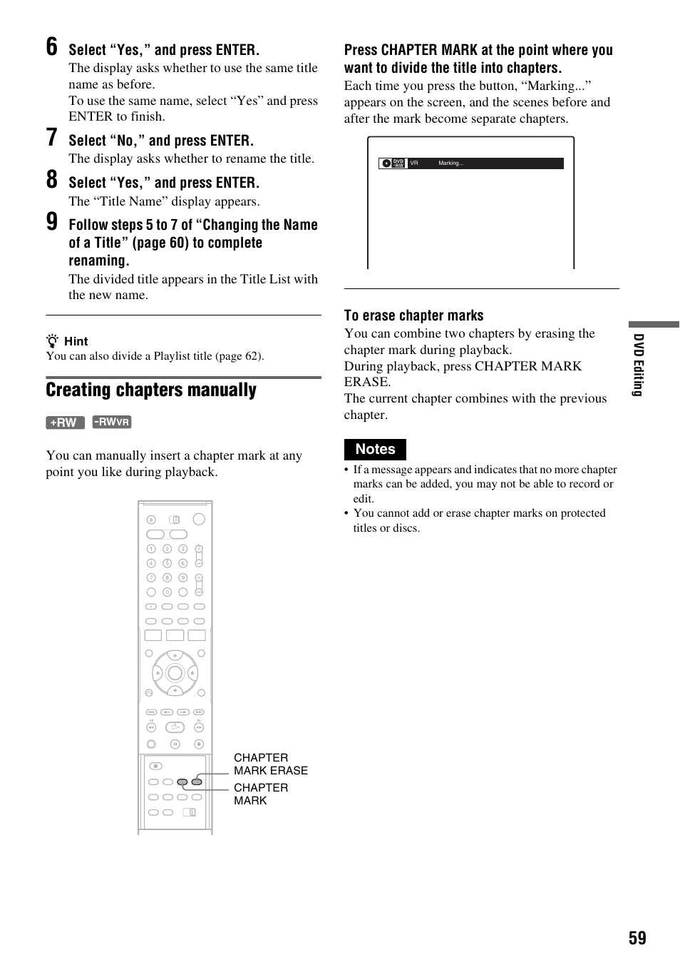 Creating chapters manually | Sony RDR-VX515 User Manual | Page 59 / 124