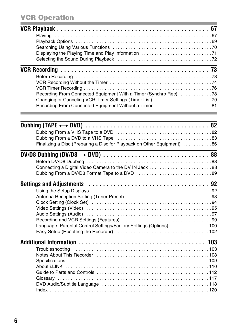 Vcr operation | Sony RDR-VX515 User Manual | Page 6 / 124