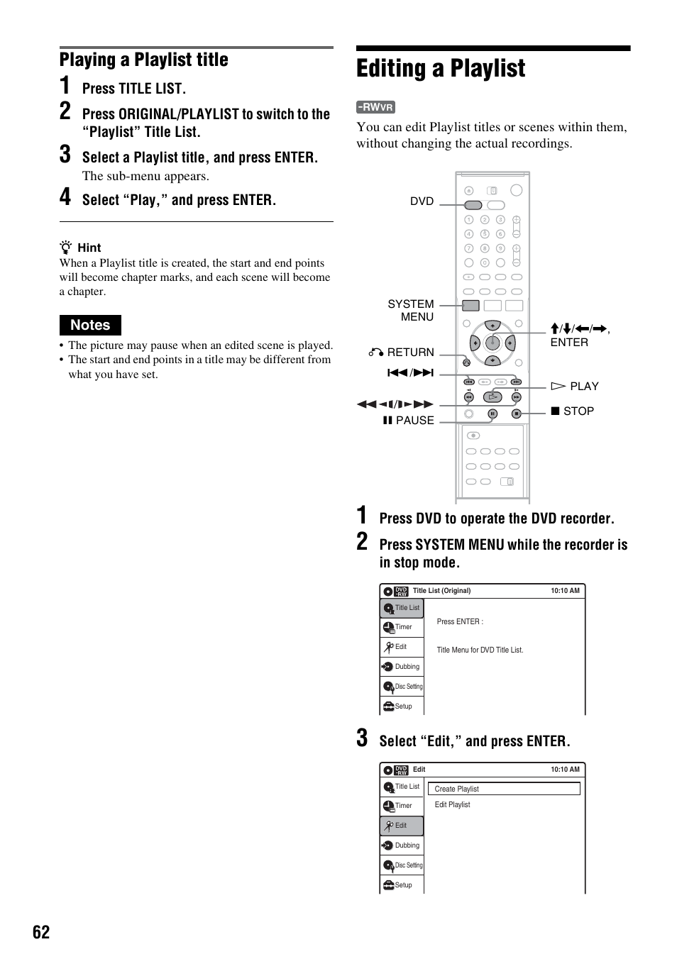 Editing a playlist, Playing a playlist title | Sony RDR-VX515 User Manual | Page 62 / 124