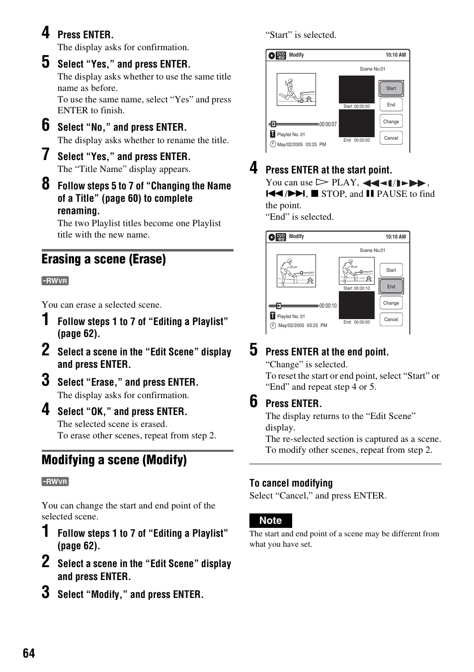 Erasing a scene (erase), Modifying a scene (modify) | Sony RDR-VX515 User Manual | Page 64 / 124