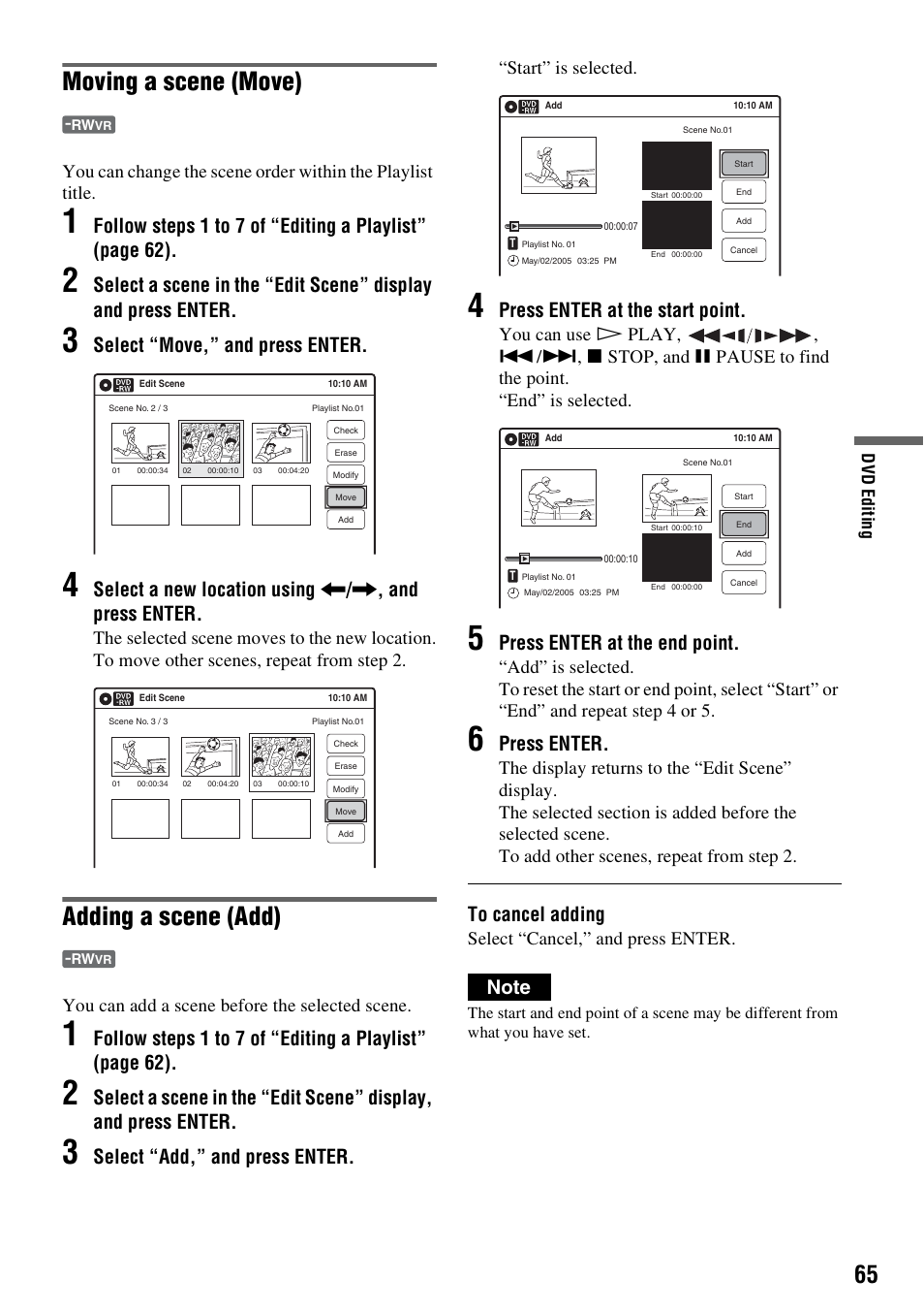 Moving a scene (move), Adding a scene (add), Select “move,” and press enter | Select “add,” and press enter, Press enter at the start point, Press enter at the end point, Press enter, You can add a scene before the selected scene, Start” is selected, Select “cancel,” and press enter | Sony RDR-VX515 User Manual | Page 65 / 124