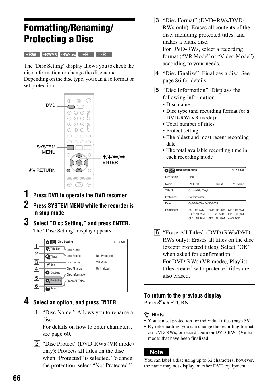 Formatting/renaming/protecting a disc, Formatting/renaming/ protecting a disc, Press dvd to operate the dvd recorder | Select “disc setting,” and press enter, The “disc setting” display appears, Press o return | Sony RDR-VX515 User Manual | Page 66 / 124