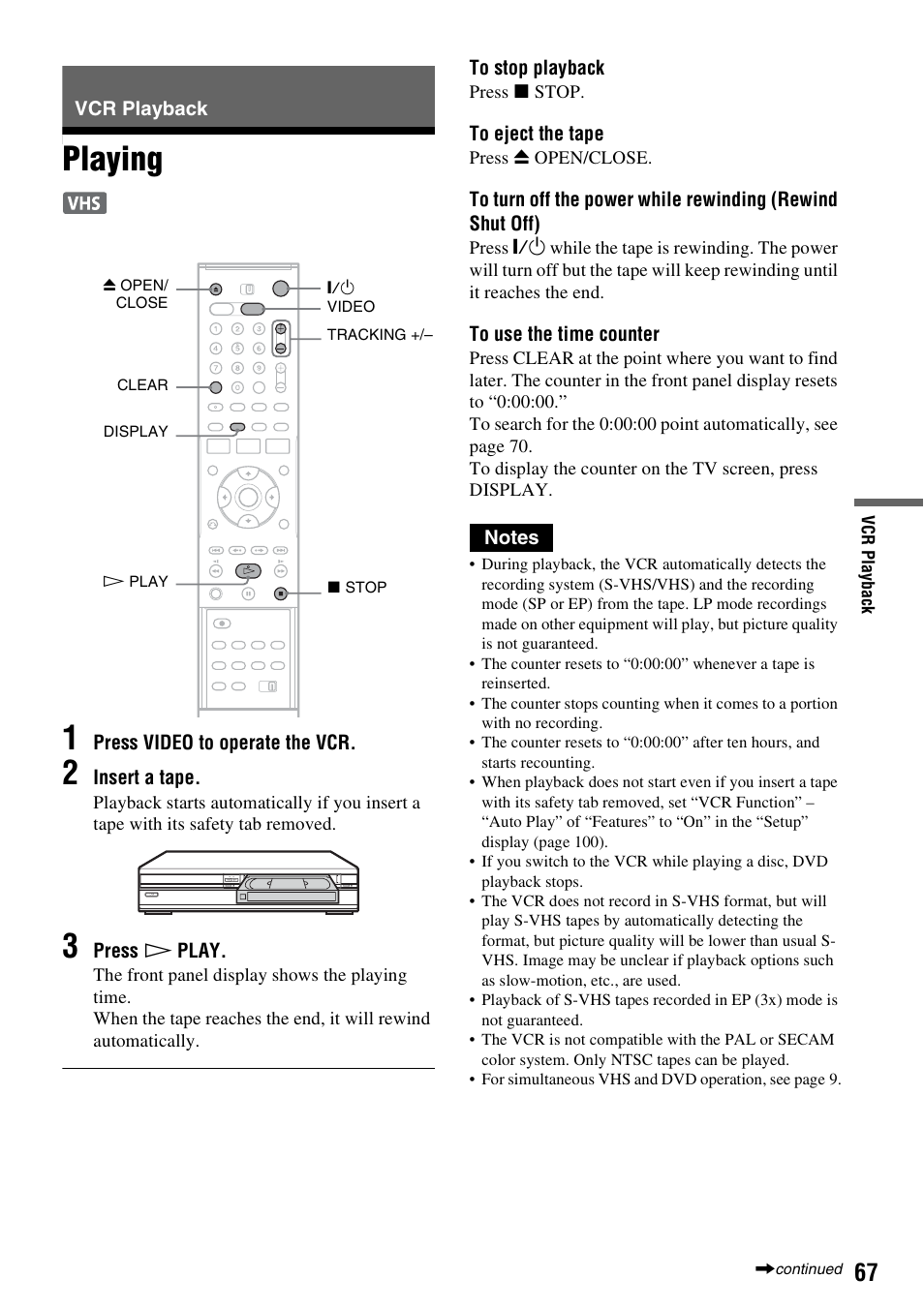 Vcr playback, Playing, Playing 1 | Sony RDR-VX515 User Manual | Page 67 / 124