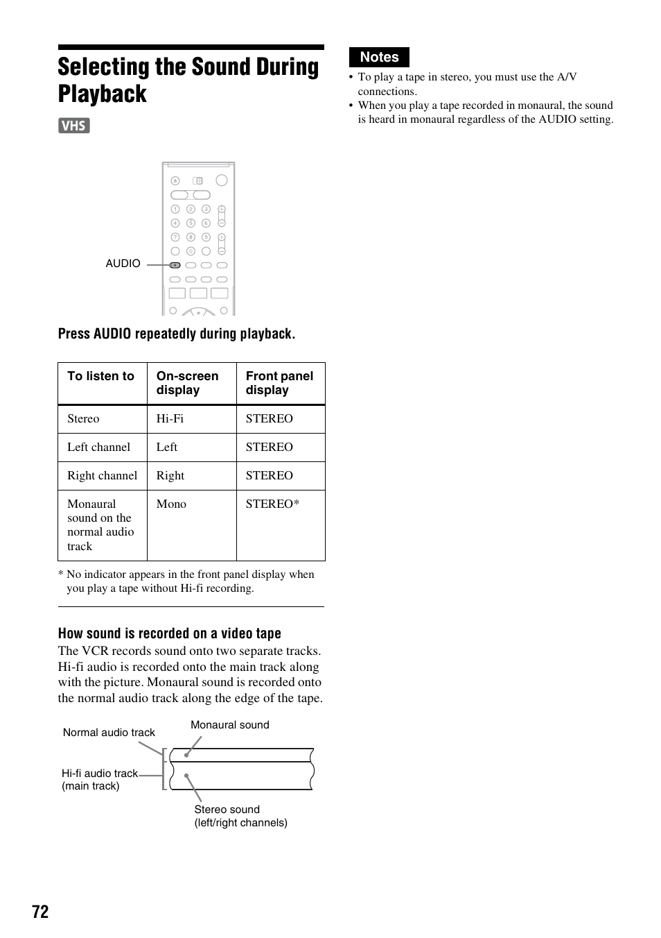 Selecting the sound during playback | Sony RDR-VX515 User Manual | Page 72 / 124