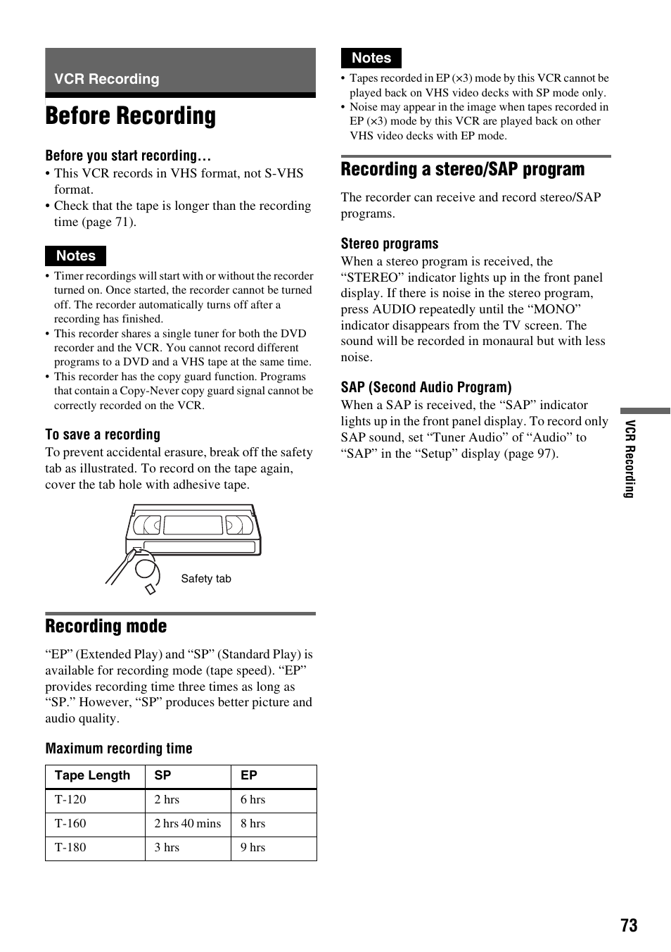 Vcr recording, Before recording, Recording mode | Recording a stereo/sap program | Sony RDR-VX515 User Manual | Page 73 / 124