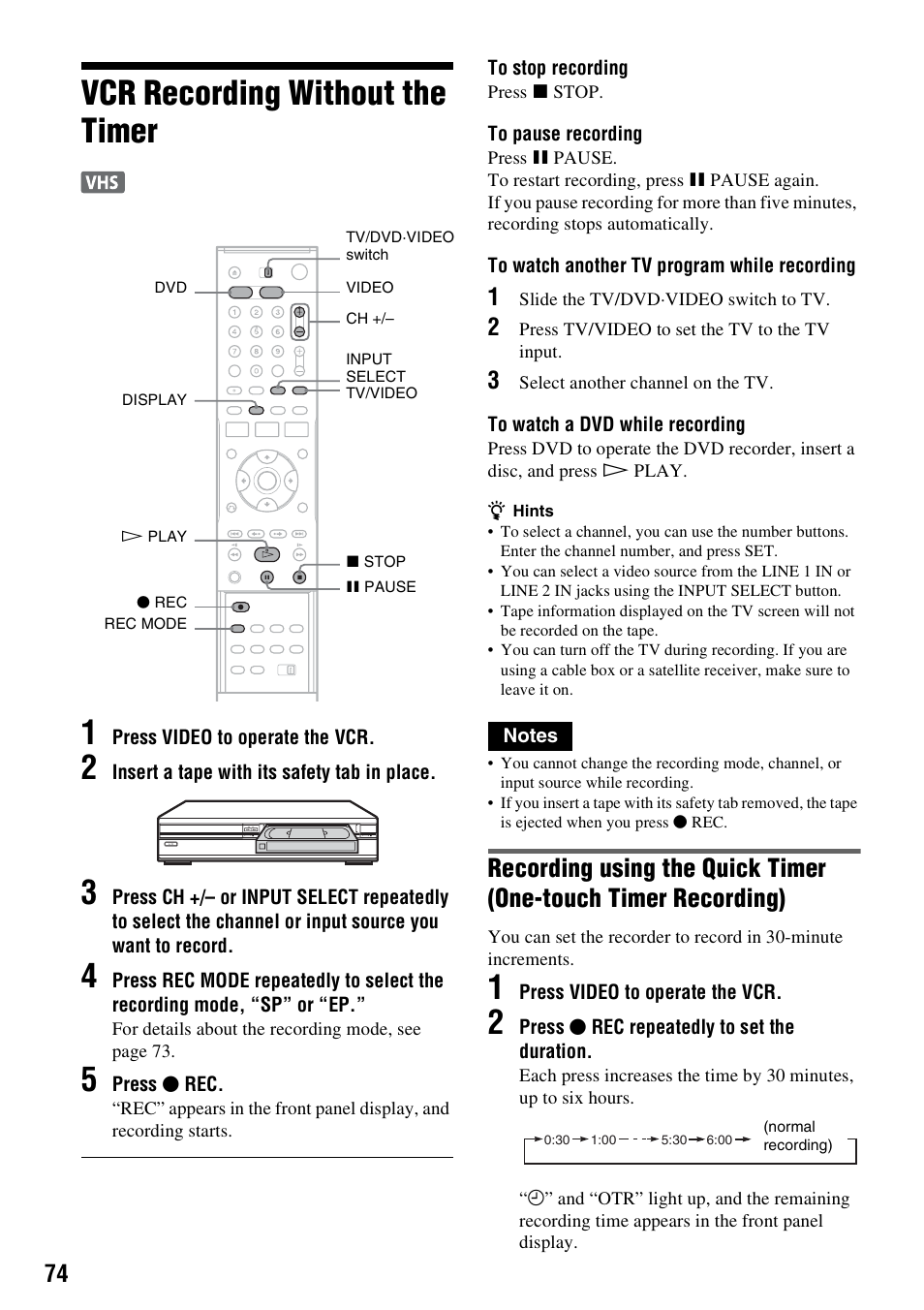 Vcr recording without the timer, Vcr recording without the timer 1 | Sony RDR-VX515 User Manual | Page 74 / 124