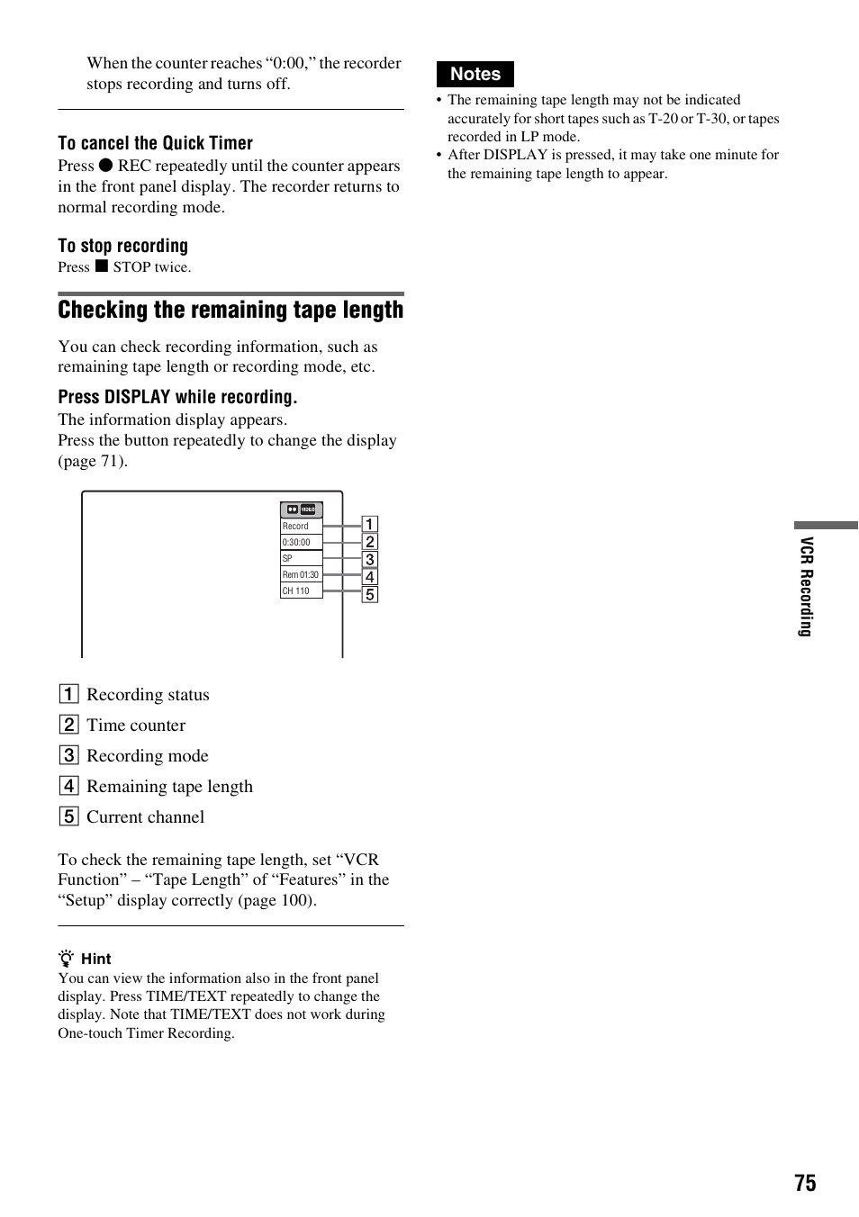 Checking the remaining tape length | Sony RDR-VX515 User Manual | Page 75 / 124