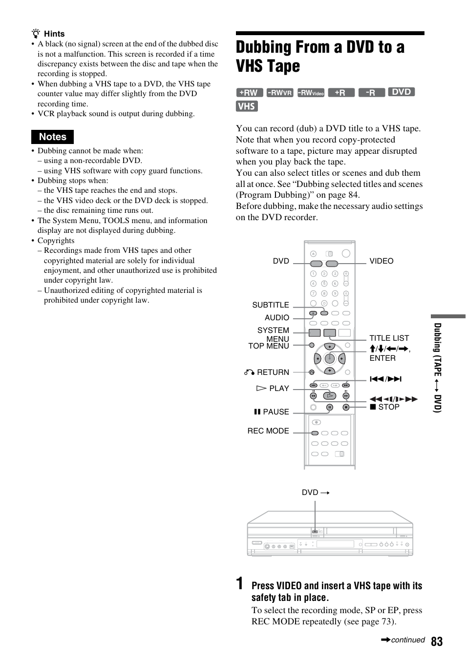 Dubbing from a dvd to a vhs tape | Sony RDR-VX515 User Manual | Page 83 / 124