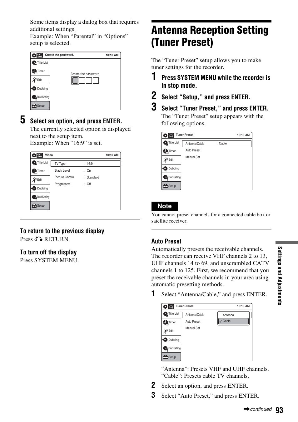 Antenna reception setting (tuner preset), Select an option, and press enter, Select “setup,” and press enter | Select “tuner preset,” and press enter, Auto preset, Press o return, Press system menu, Select “auto preset,” and press enter | Sony RDR-VX515 User Manual | Page 93 / 124