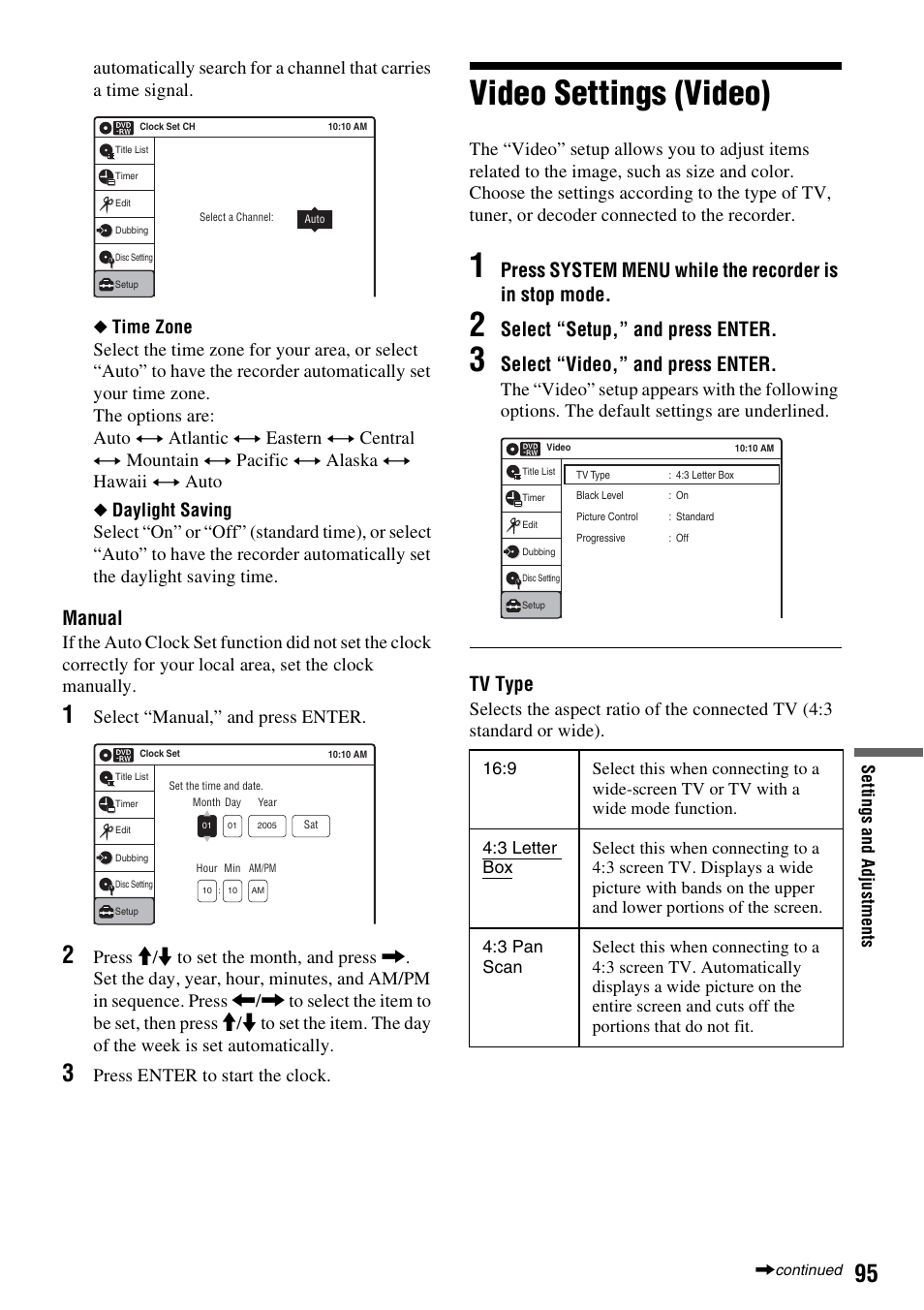 Video settings (video), Manual, Select “setup,” and press enter | Select “video,” and press enter, Tv type, Select “manual,” and press enter, Press enter to start the clock | Sony RDR-VX515 User Manual | Page 95 / 124