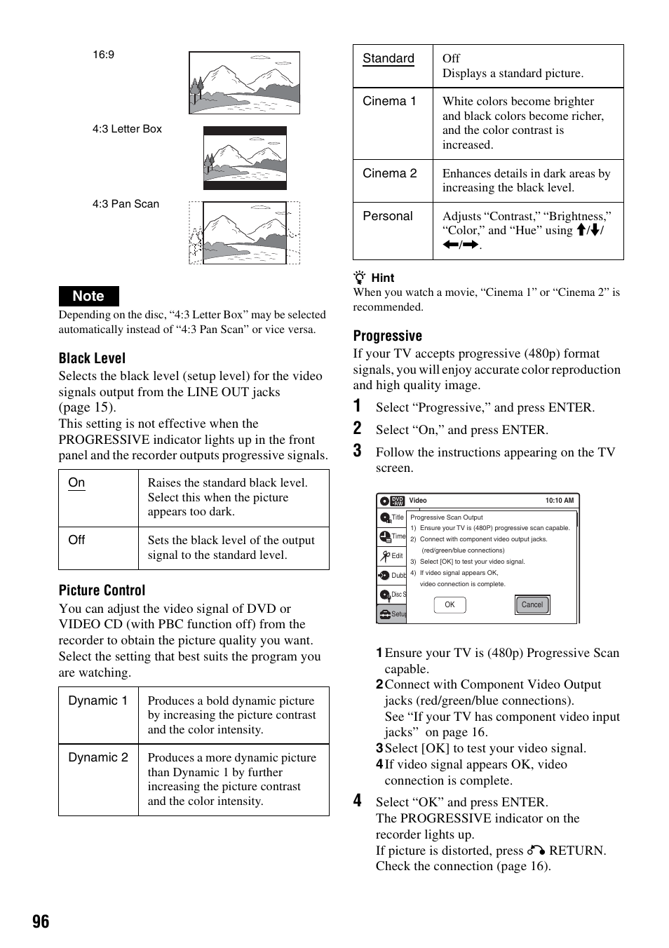 Black level, Page 15), Picture control | Progressive, Select “progressive,” and press enter, Select “on,” and press enter | Sony RDR-VX515 User Manual | Page 96 / 124