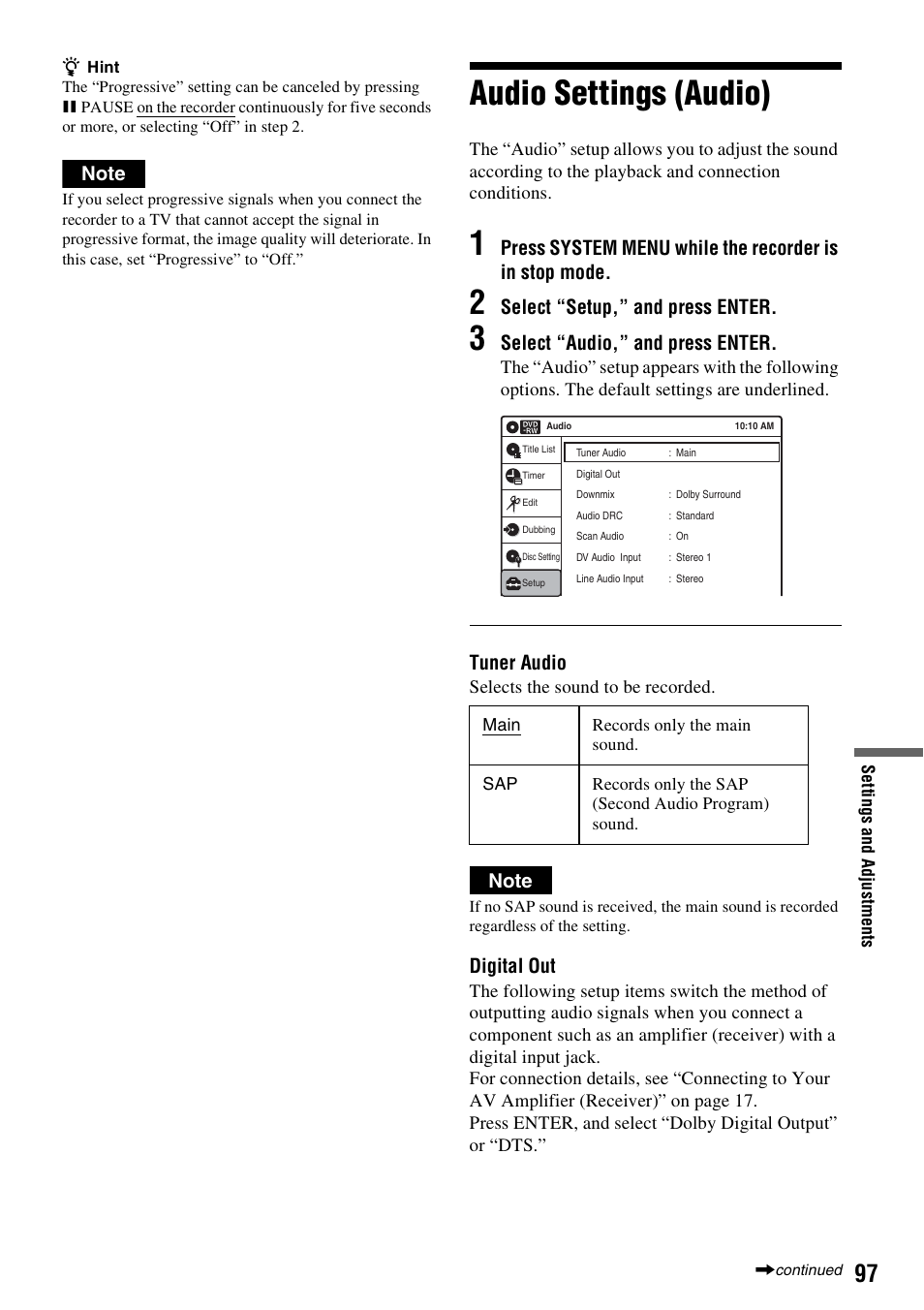 Audio settings (audio), Select “setup,” and press enter, Select “audio,” and press enter | Tuner audio, Digital out | Sony RDR-VX515 User Manual | Page 97 / 124