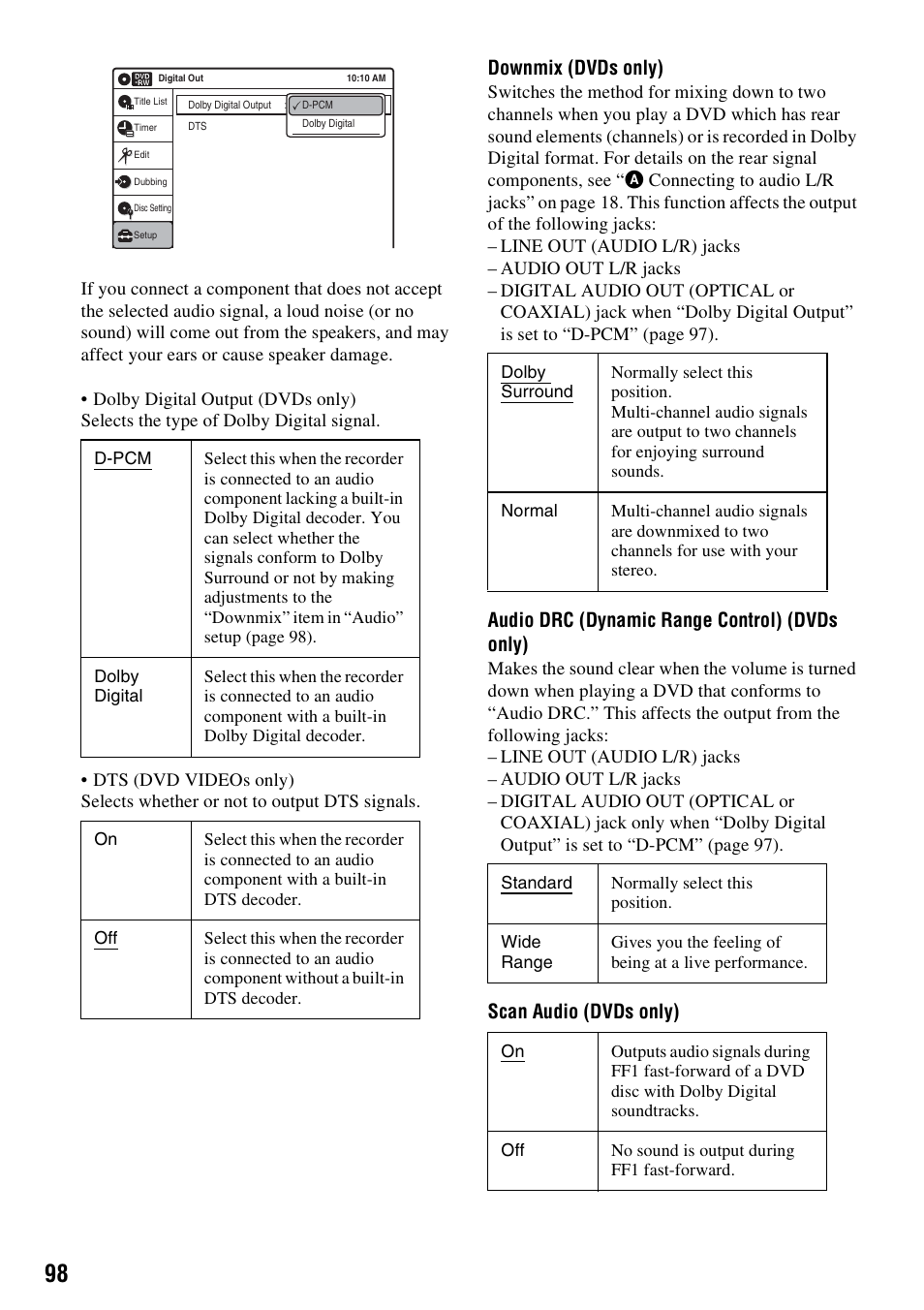 Downmix (dvds only), Audio drc (dynamic range control) (dvds only), Scan audio (dvds only) | Sony RDR-VX515 User Manual | Page 98 / 124