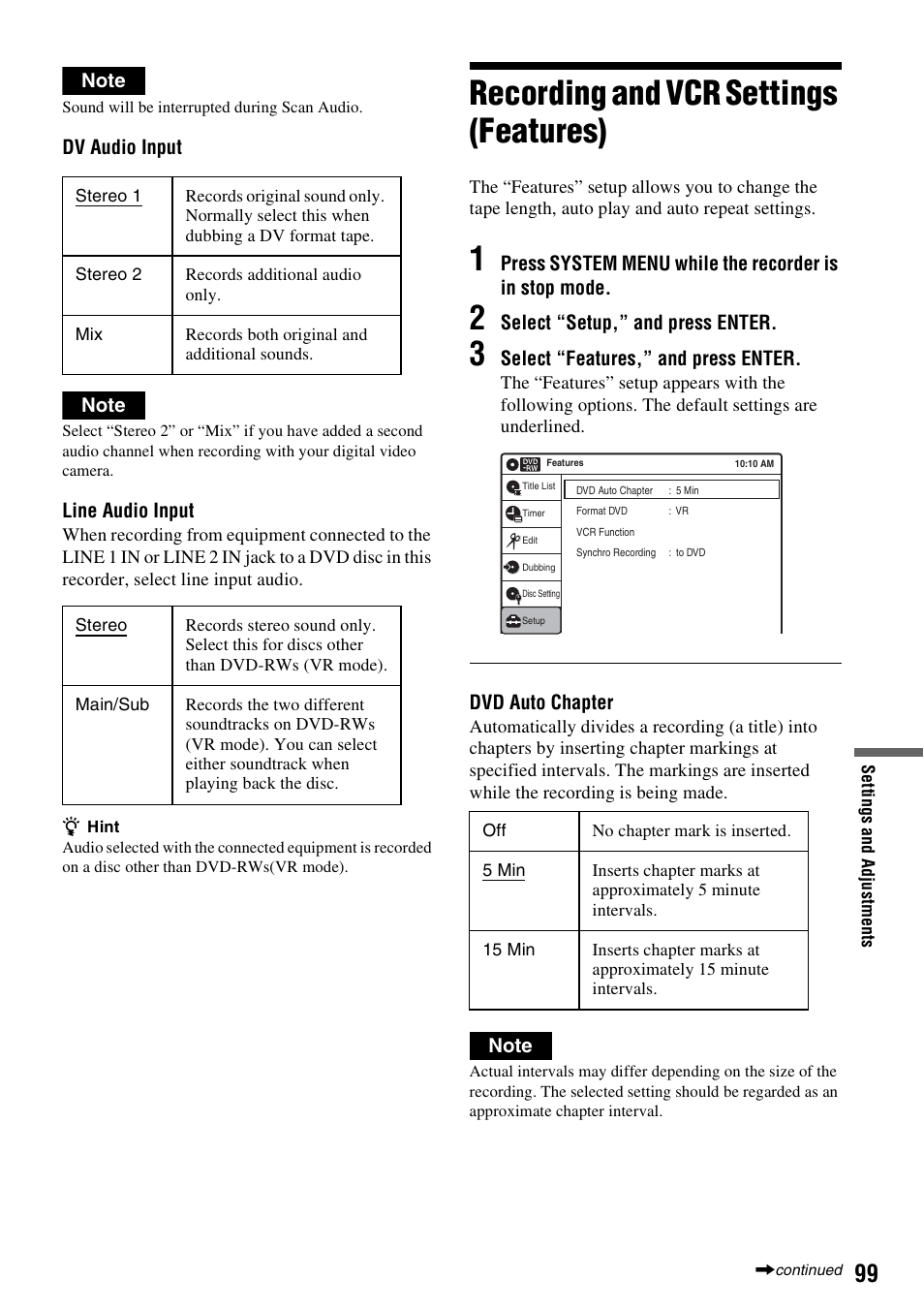 Recording and vcr settings (features) | Sony RDR-VX515 User Manual | Page 99 / 124