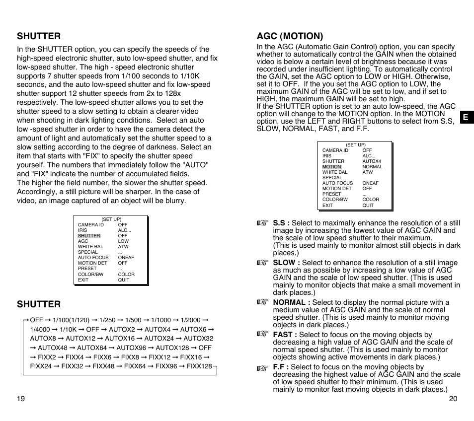 Shutter, Agc (motion) | Samsung SCC-C4201P User Manual | Page 11 / 95