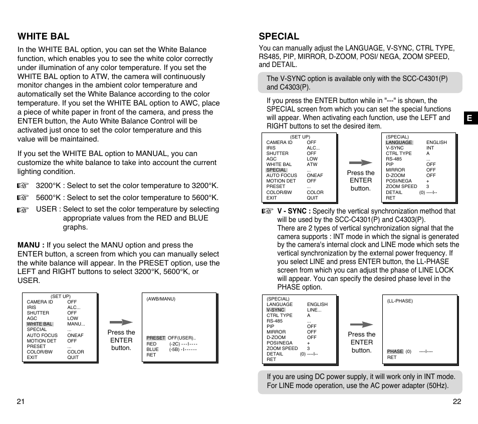 White bal, Special | Samsung SCC-C4201P User Manual | Page 12 / 95