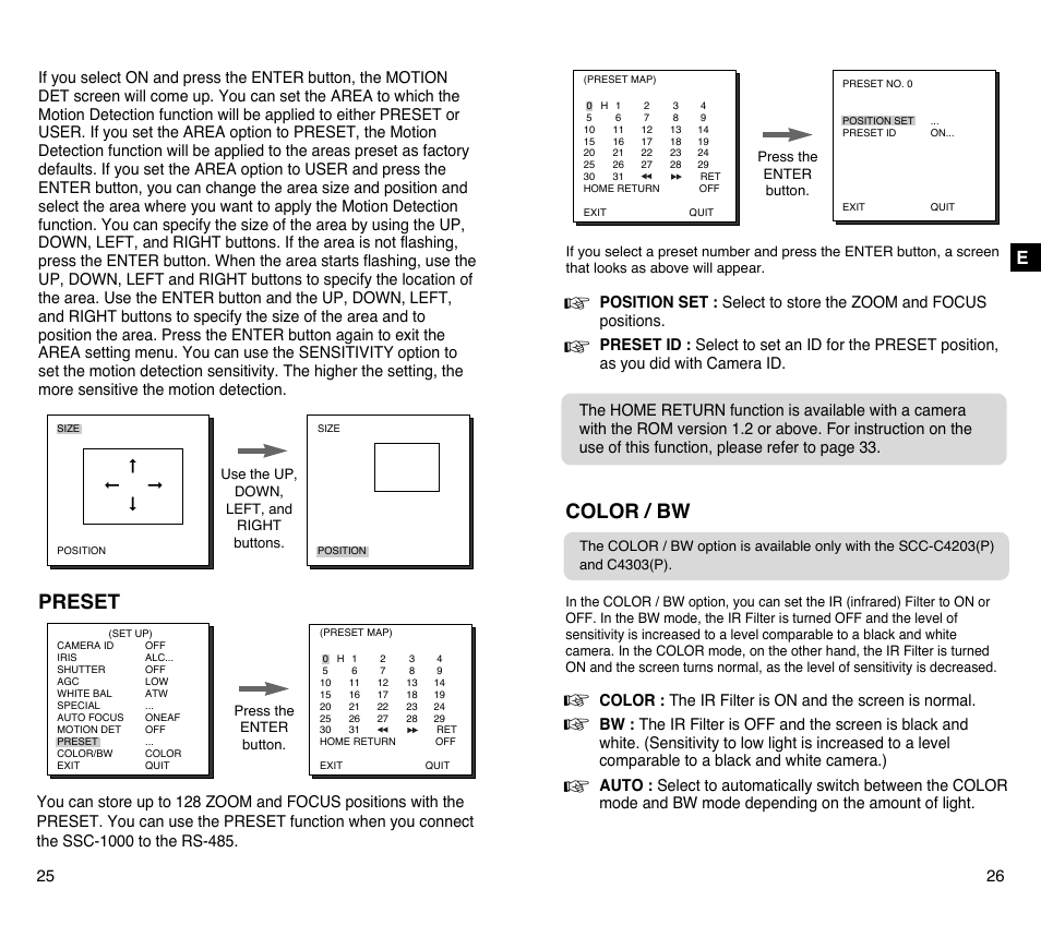 Preset, Color / bw | Samsung SCC-C4201P User Manual | Page 14 / 95