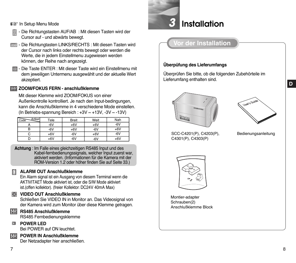 Installation, Überpüfung des lieferumfangs, Vor der installation | Samsung SCC-C4201P User Manual | Page 24 / 95