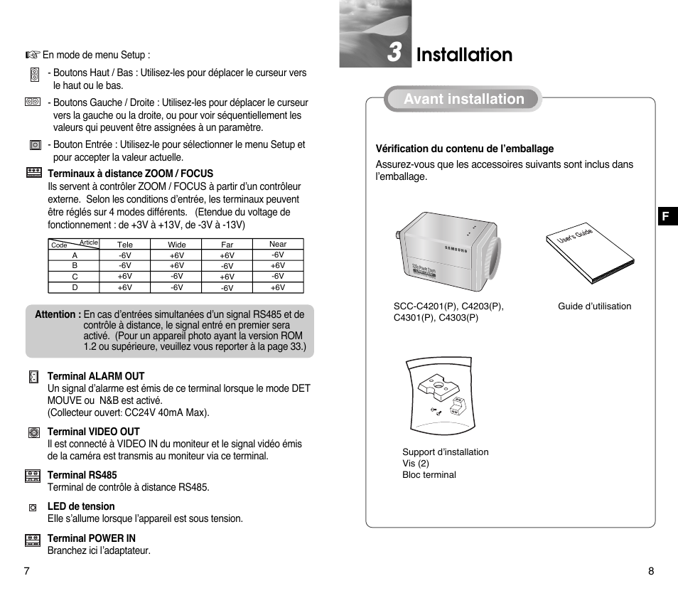 Installation, Vérification du contenu de l’emballage, Avant installation | Samsung SCC-C4201P User Manual | Page 43 / 95