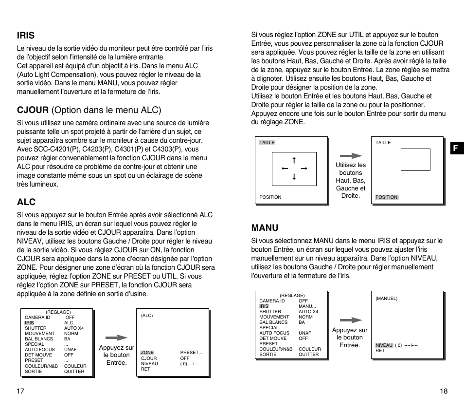 Iris, Cjour (option dans le menu alc), Manu | Samsung SCC-C4201P User Manual | Page 48 / 95