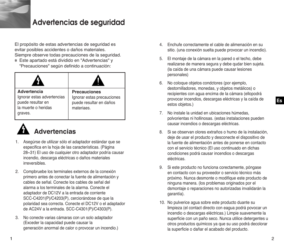 Advertencias de seguridad, Advertencias | Samsung SCC-C4201P User Manual | Page 59 / 95