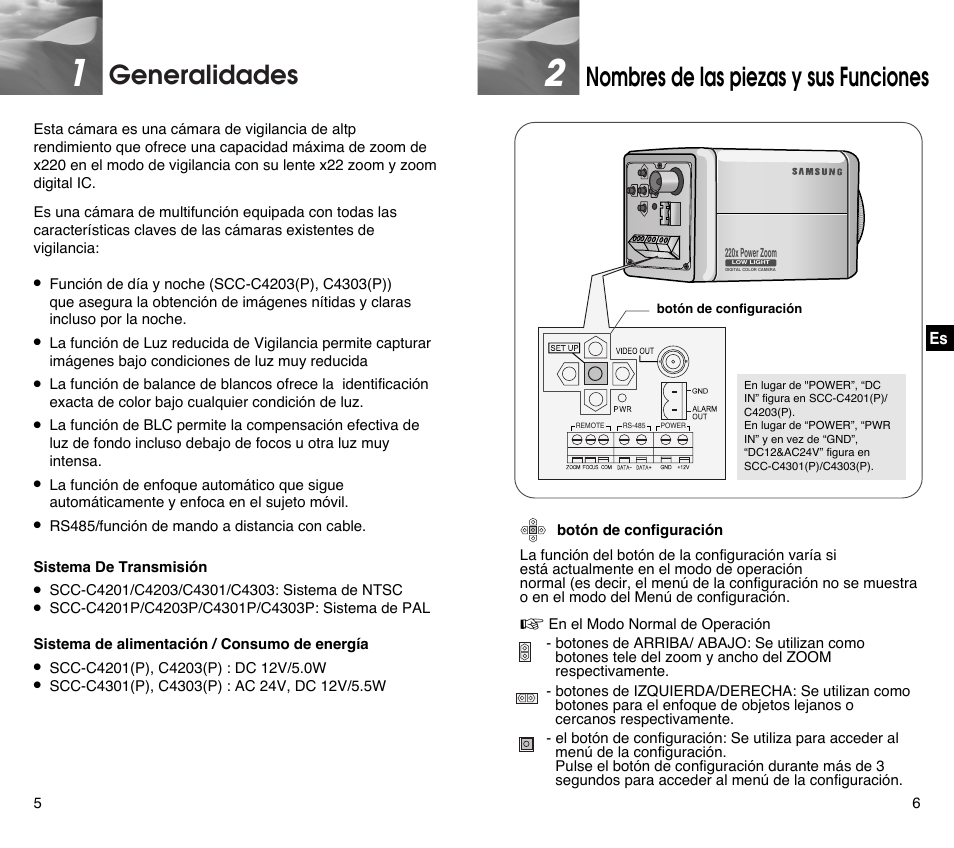 Generalidades, Nombres de las piezas y sus funciones | Samsung SCC-C4201P User Manual | Page 61 / 95