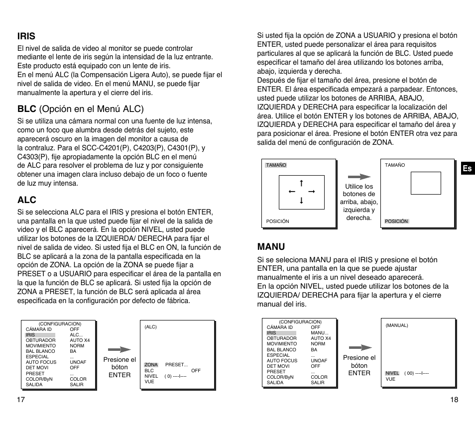 Iris, Blc (opción en el menú alc), Manu | Samsung SCC-C4201P User Manual | Page 67 / 95